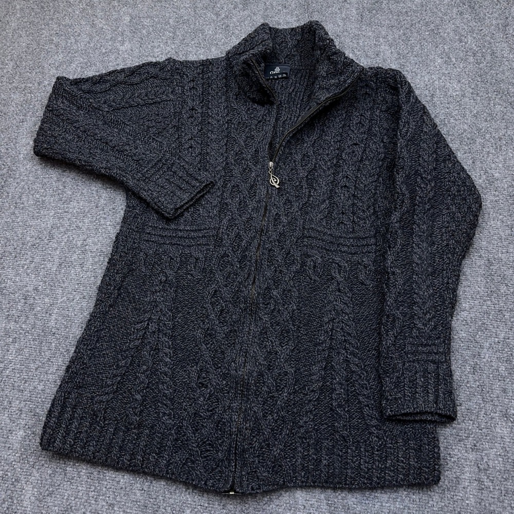 Aran Woollen Mills Cardigan Sweater Women L Blue Gray Full Zip Cable Merino Wool